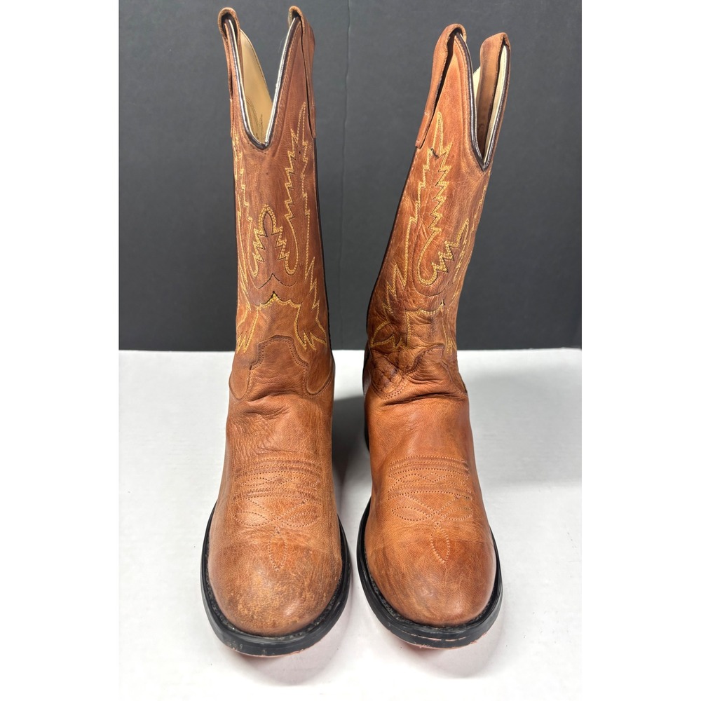 Old West Womens 6 Tan Leather Western Cowgirl Boots Classic Rodeo Round Toe - Picture 2 of 8